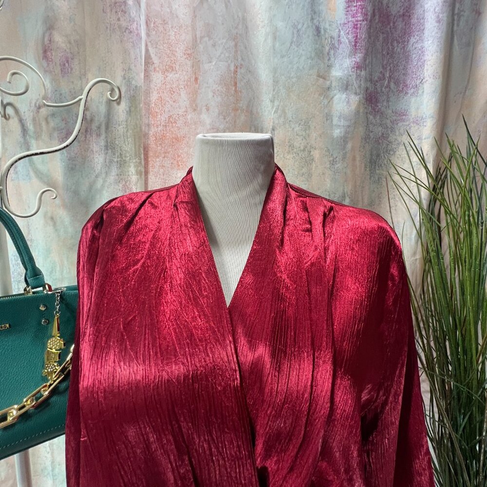 Vintage 90s Wine Red Plus Size Satin Blouse With … - image 4